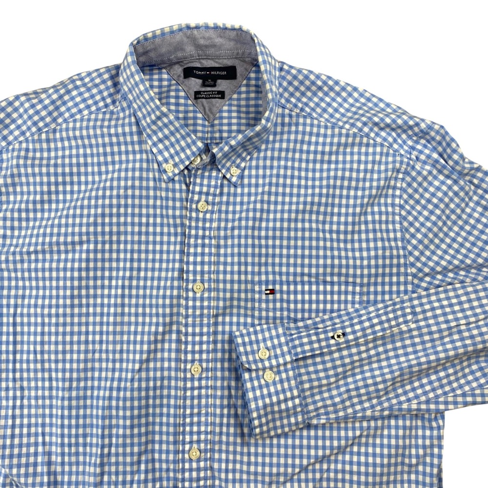 Tommy Hilfiger Shirt Mens XL Blue White Gingham Classic Fit Stretch Button Down
